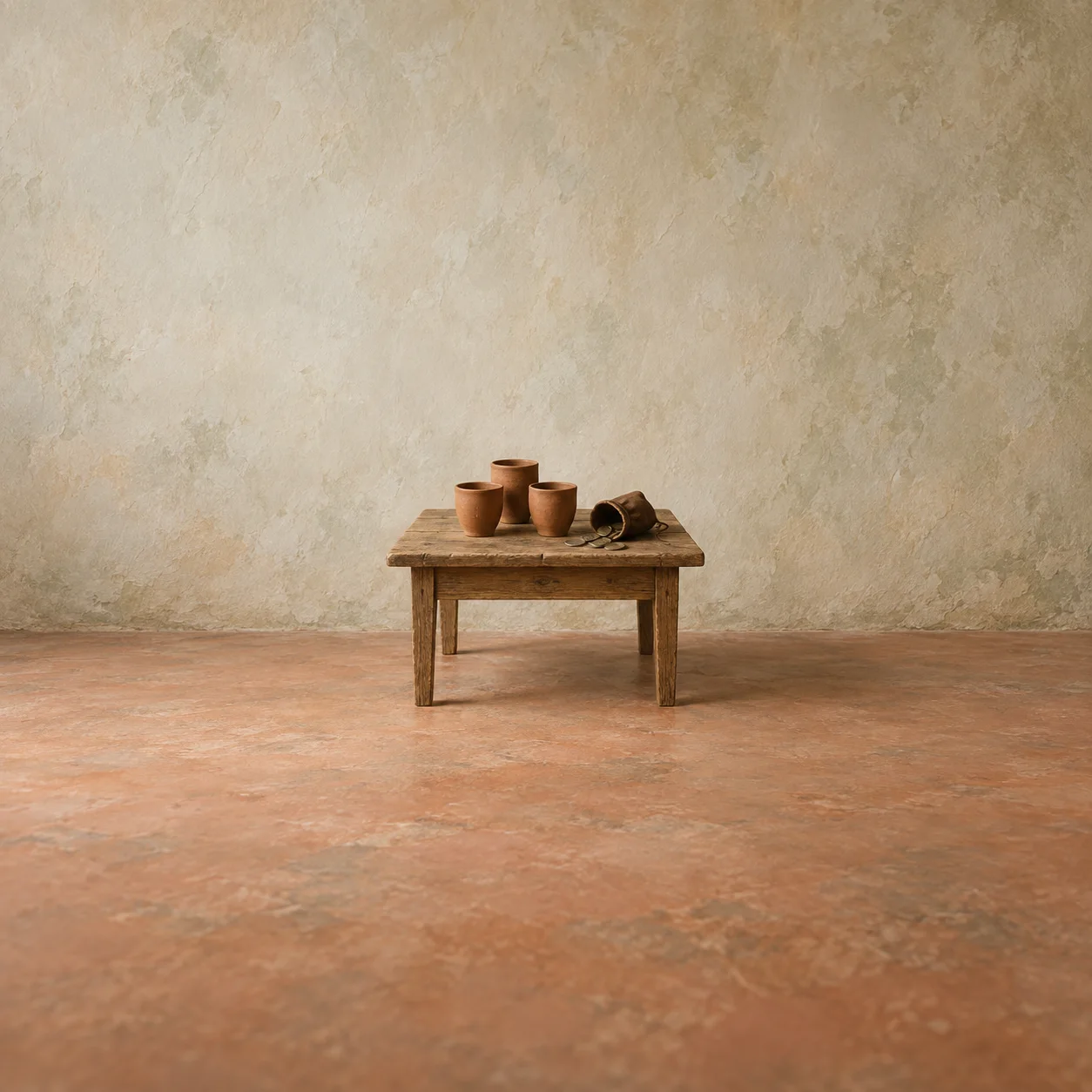 Three clay cups stand together on a wooden table beside a small pouch and scattered coins.