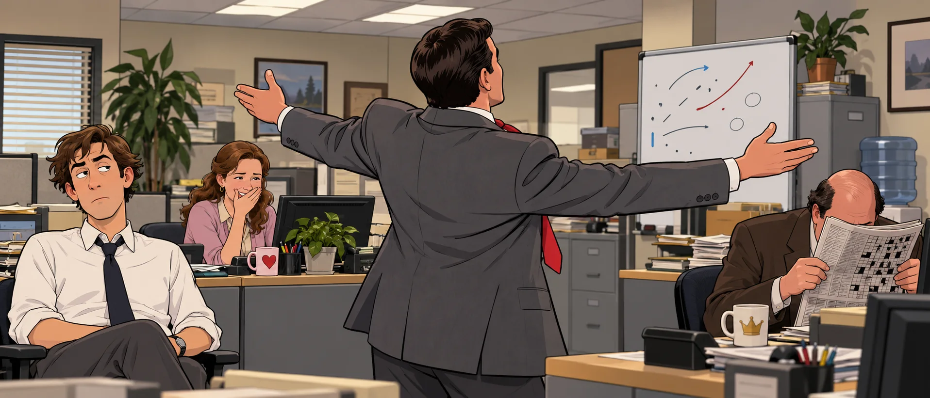 A slim manager in a grey suit and red tie spreads his arms in triumph in an open-plan office while his staff react with deadpan looks and stifled laughs.