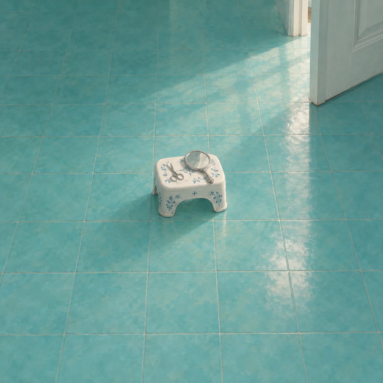 A small white floral stool holds silver scissors and a hand mirror on a turquoise tiled floor.