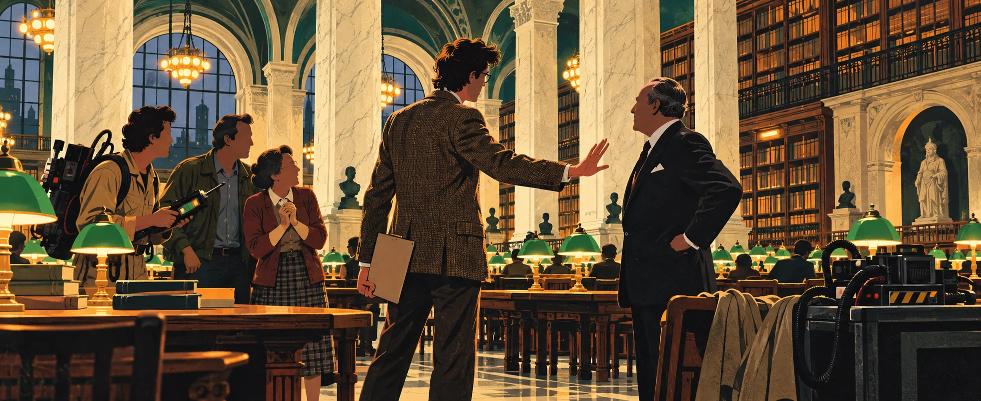 In a grand marble library reading room, a lanky man with a clipboard raises a palm to a stern administrator while two colleagues and a librarian look on.