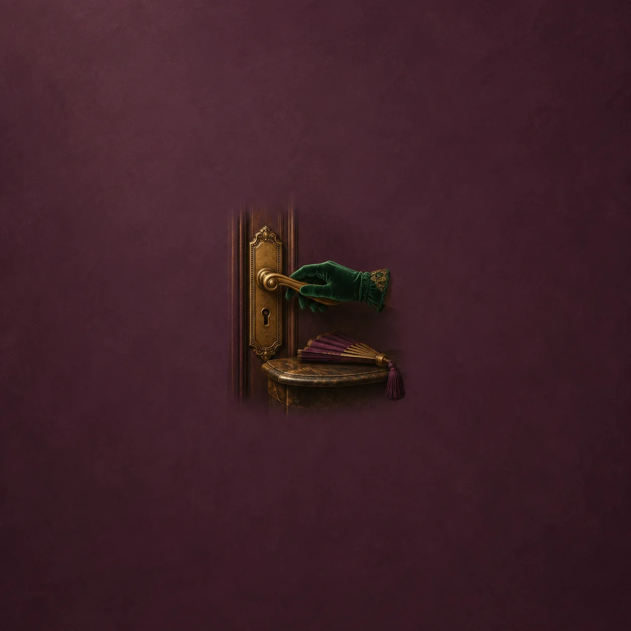 A green velvet glove rests on a brass door handle above a small shelf holding a closed fan.
