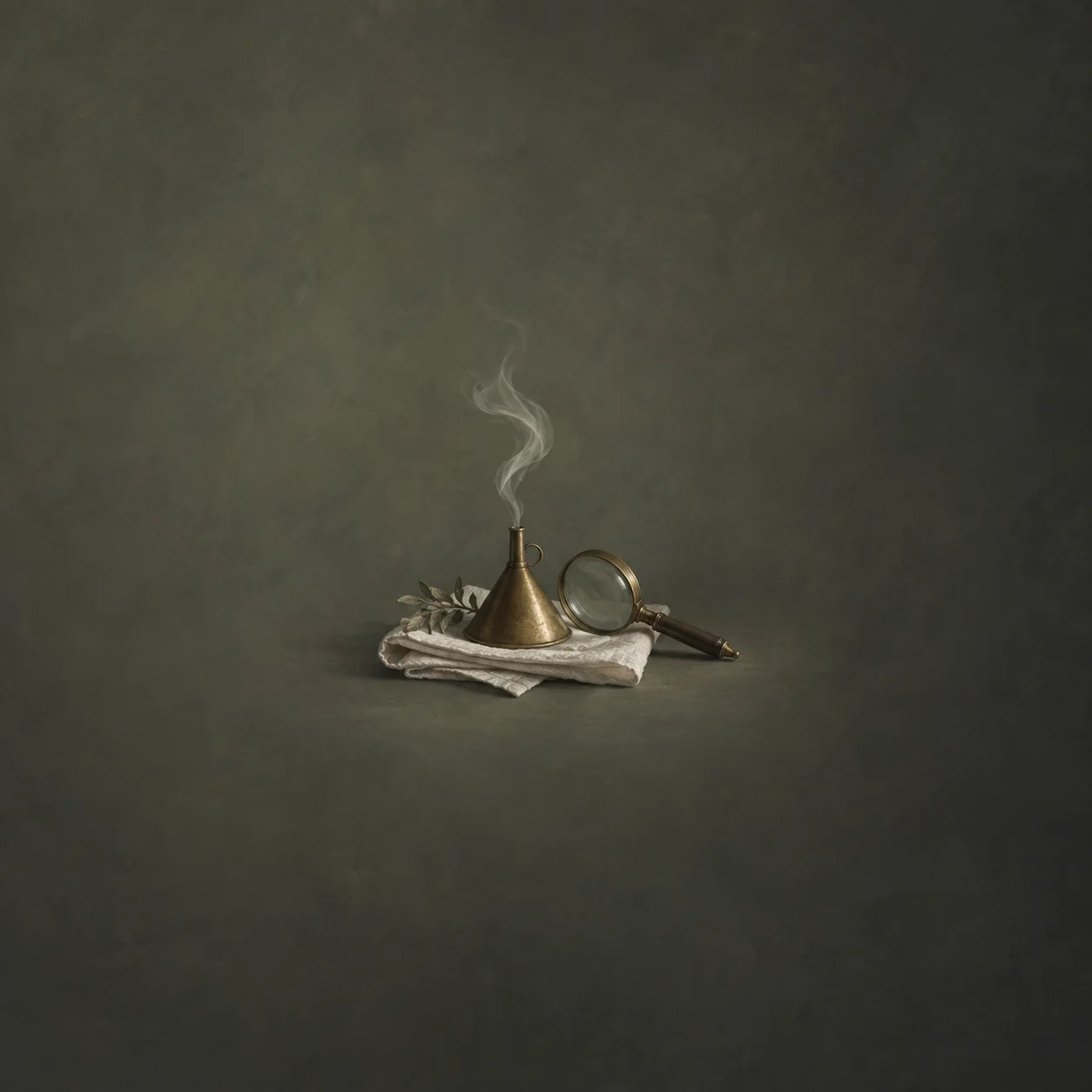 A small brass funnel releases a curl of smoke beside a magnifying glass on folded white cloth.