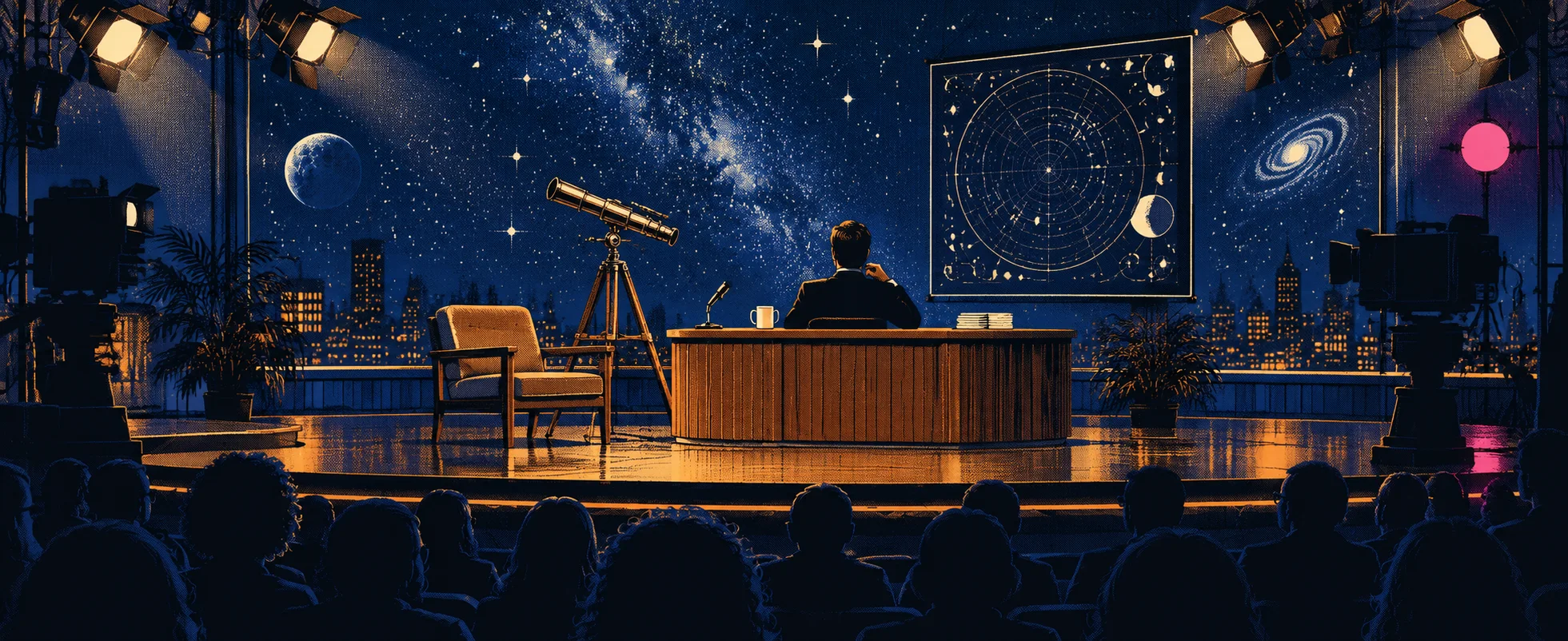 A late-night talk-show set with a desk, a small telescope and a starfield backdrop, seen from the audience under hot studio lights.