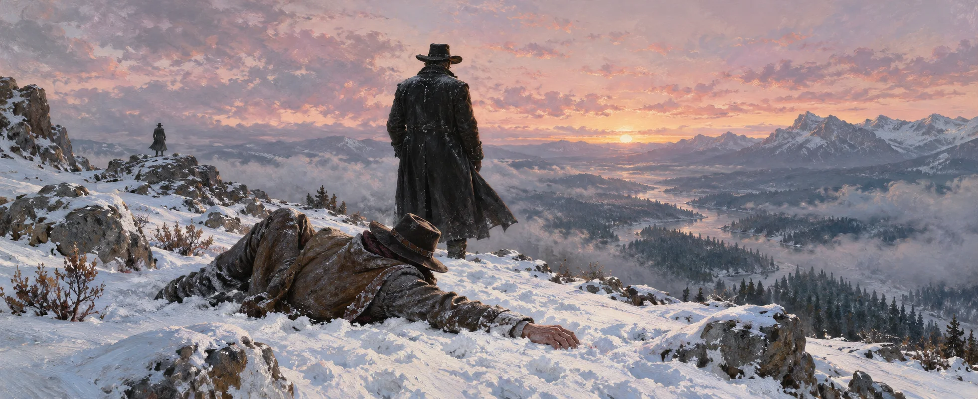 A cowboy lies wounded in the snow on a mountainside at dawn as a man in a long coat stands over him.