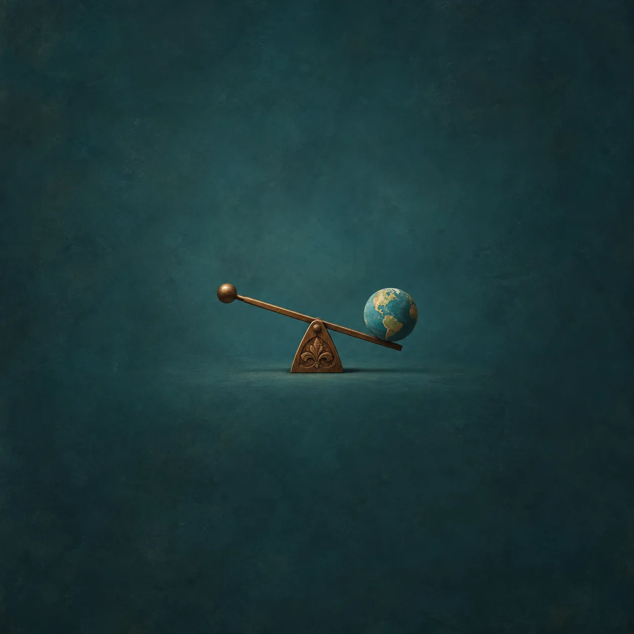 A bronze lever balances on a carved wooden fulcrum, with a small globe resting on its lowered end against a teal background.