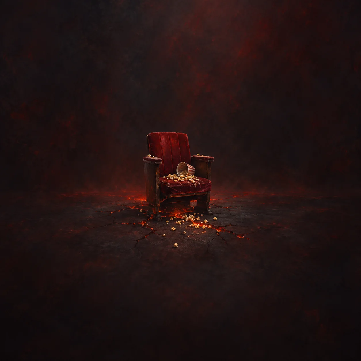 Painterly red velvet theater seat with spilled popcorn above glowing floor cracks.