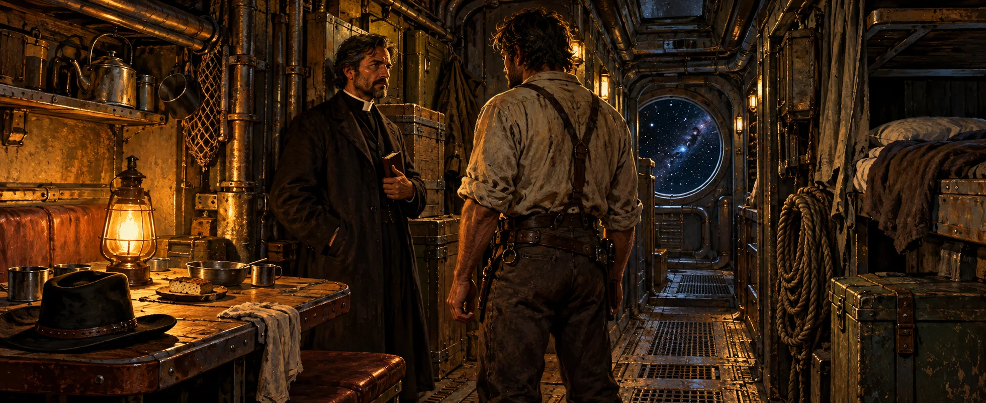 A preacher in a long dark coat talks quietly with a rough captain in the lamplit galley of a spaceship.
