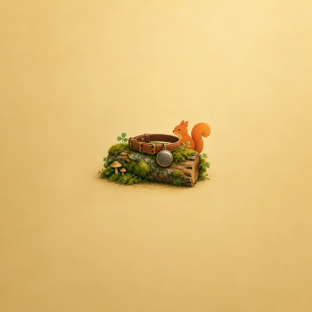 A leather collar with a small speaker disc on a mossy log and an orange squirrel cutout behind.