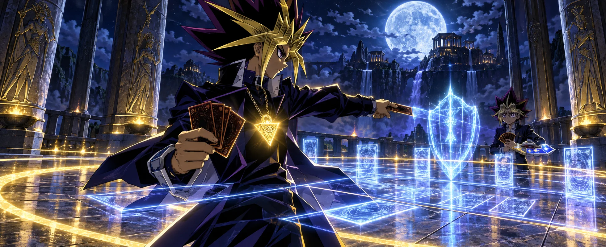 A spiky-haired duellist with a gold pendant thrusts out a card across a glowing holographic duel arena under a full moon.