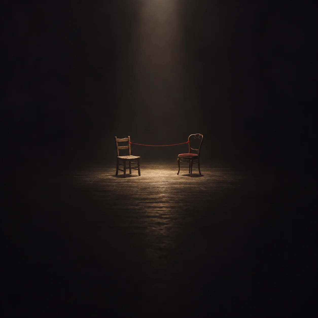 Two mismatched wooden chairs face each other with a red thread stretched between them on a dimly lit floor.
