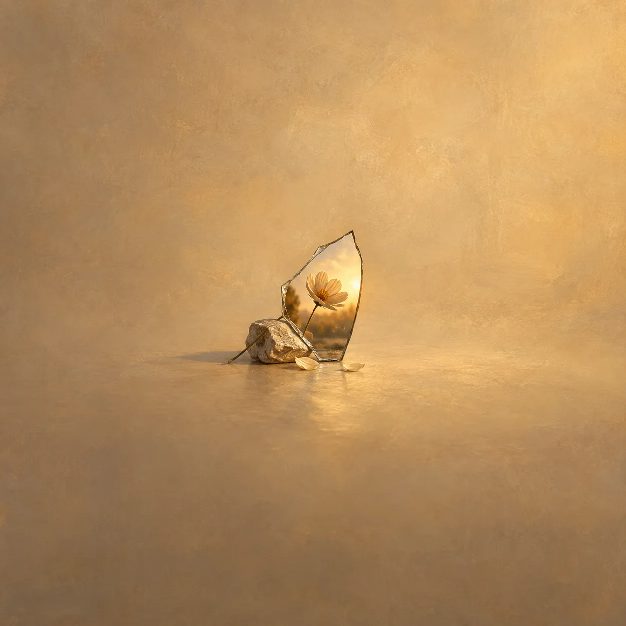An upright mirror shard reflects a pale flower, with loose petals scattered across a golden surface.