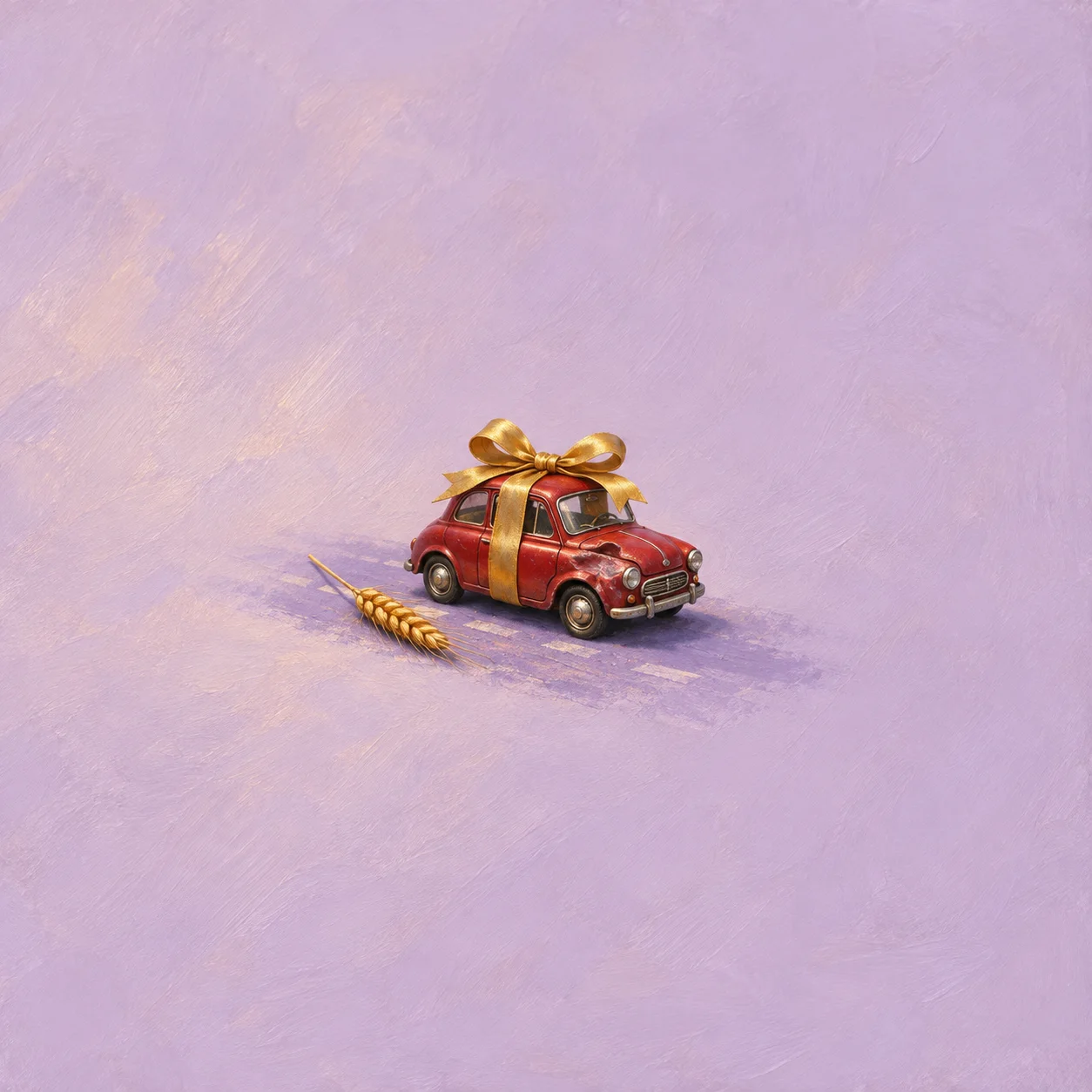 A small red toy car is wrapped with a gold ribbon and bow beside an ear of wheat.
