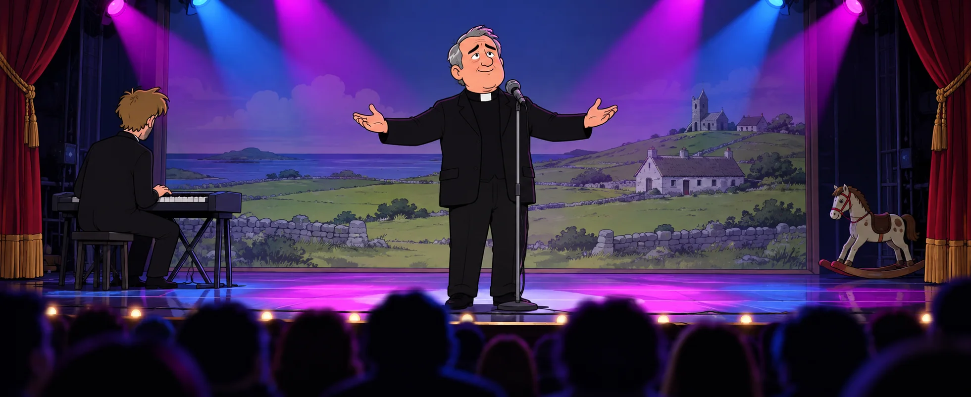 Cartoon Father Ted sings with his arms spread on a Eurosong stage under purple and blue lights, Dougal at a keyboard to one side, a painted backdrop of green fields and a toy rocking horse in the wings.