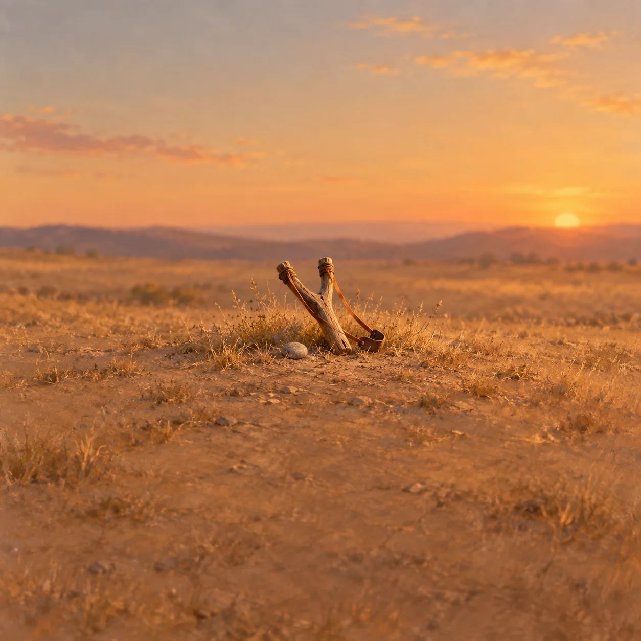 Painterly wooden slingshot and small stone on dry grass beneath an orange sunset.