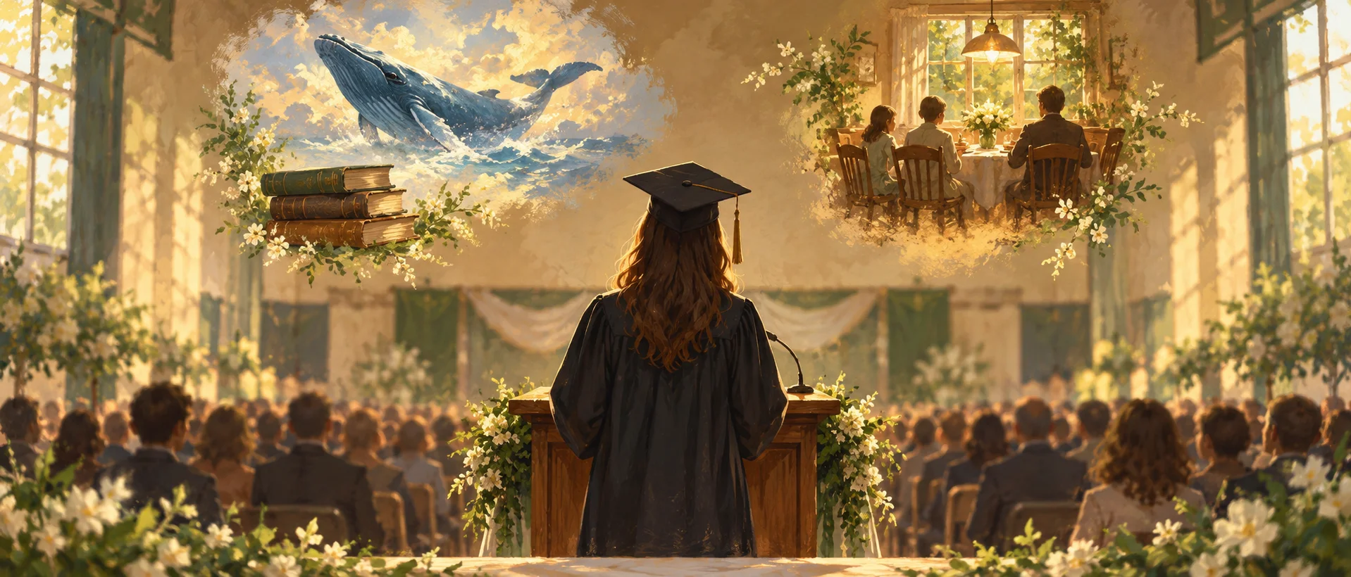 A graduate at a lectern addresses a crowded hall while dreamy clouds of books and a whale float above her.