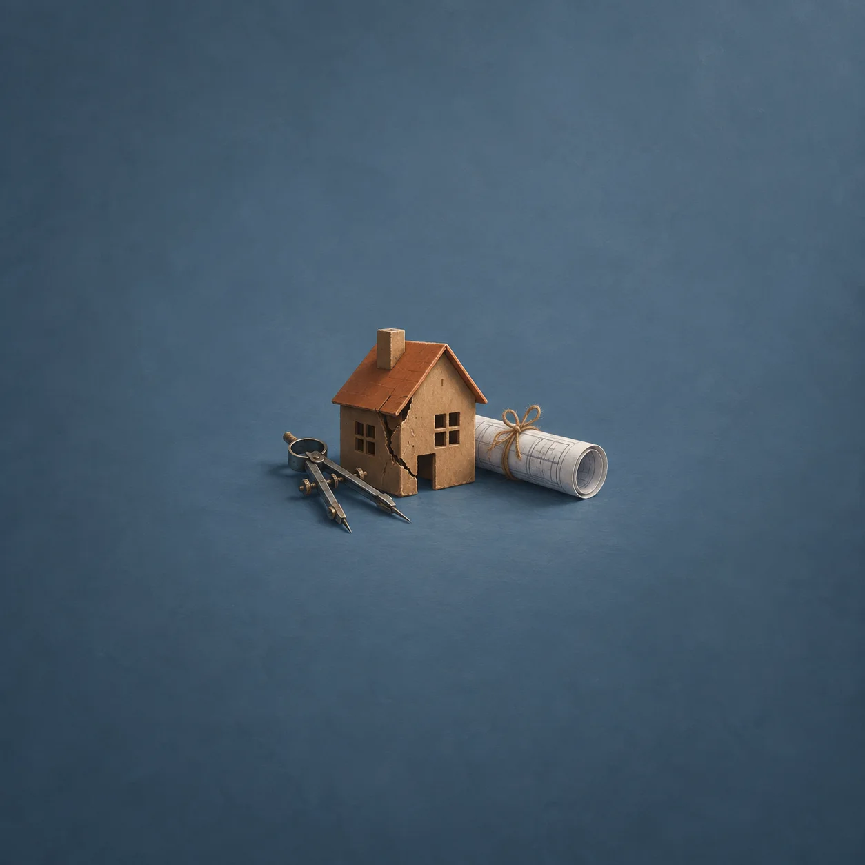 A small cardboard house with a cracked corner stands beside a drafting compass and a tied roll of plans.