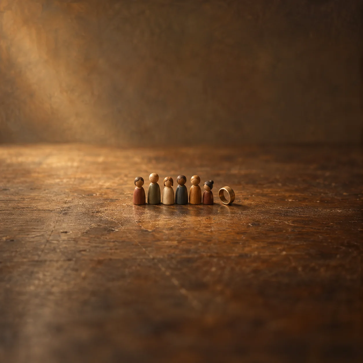 Painterly small wooden figures grouped beside a gold ring on a worn wooden surface.