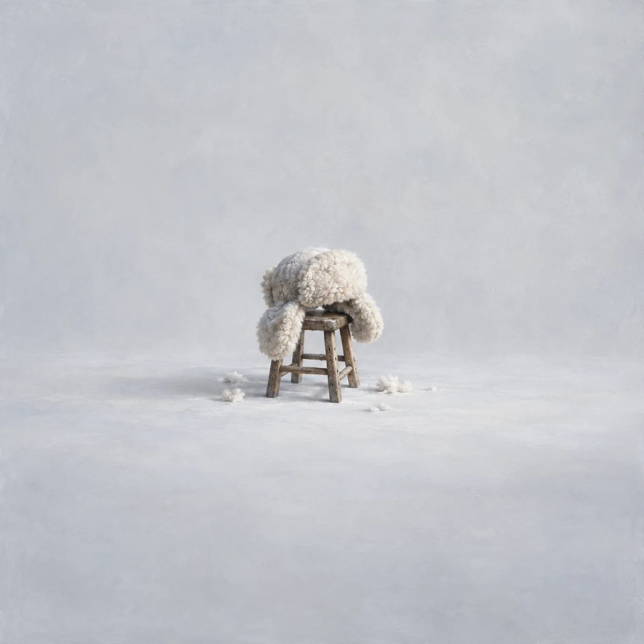A fluffy white hat drapes over a wooden stool with loose tufts scattered on pale grey ground.