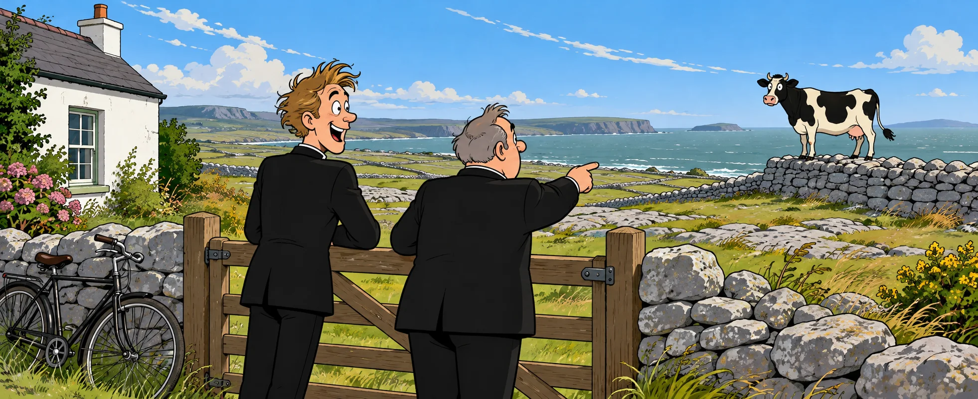Dougal and Ted lean on a garden gate beside the parochial house, Dougal grinning in wonder while Ted points at a cow standing on top of a dry-stone wall above the sea.