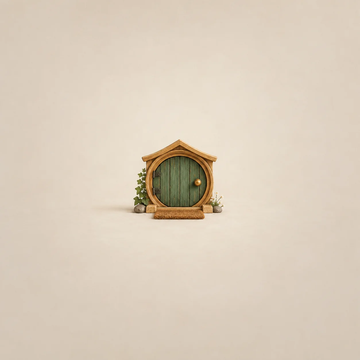 A small round green wooden door has a brass knob, honey-coloured frame and doormat between plants.