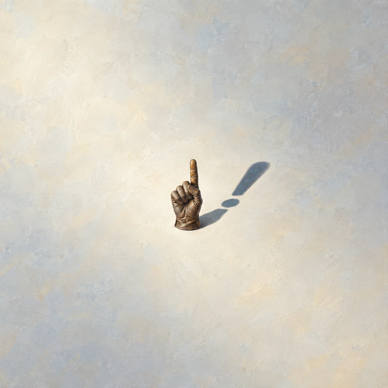 A brown glove with one raised finger casts an exclamation-mark-shaped shadow on pale ground.