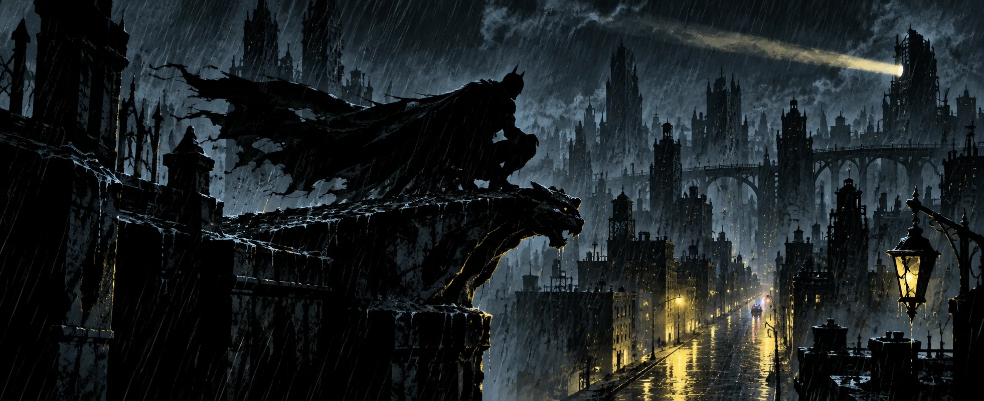 A caped figure crouches on a gargoyle above a rain-soaked gothic city, a searchlight sweeping the clouds.