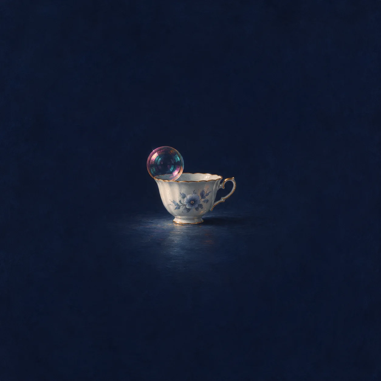 A shimmering soap bubble rests on the rim of a blue-and-white porcelain teacup.