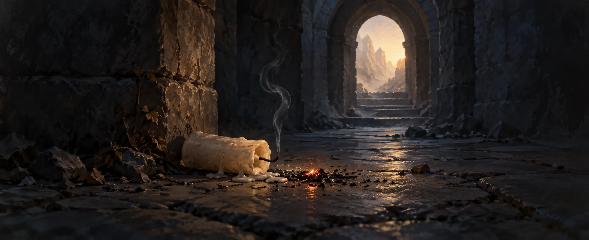 An extinguished candle rests beside a small ember in a dark stone passage, with faint light beyond the arch.