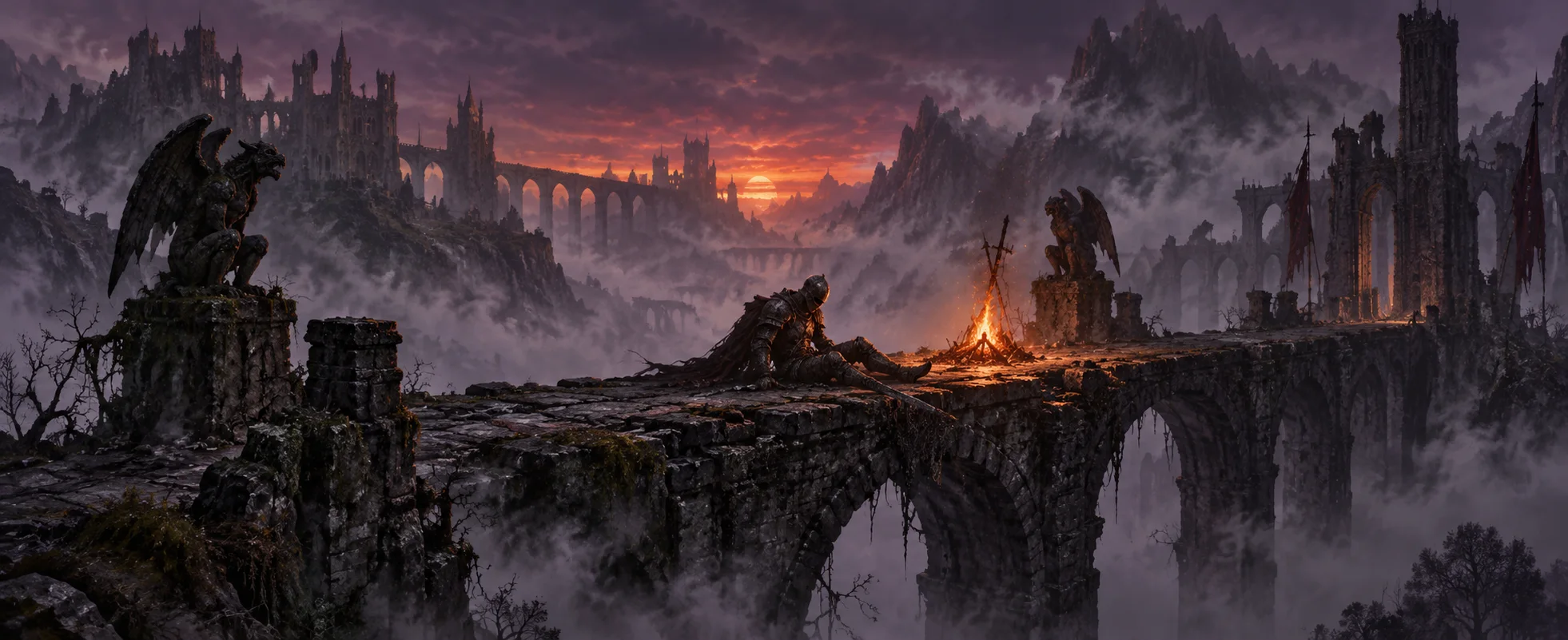 A fallen armoured knight lies slumped on a ruined stone bridge in a misty gothic wasteland beside a small bonfire.
