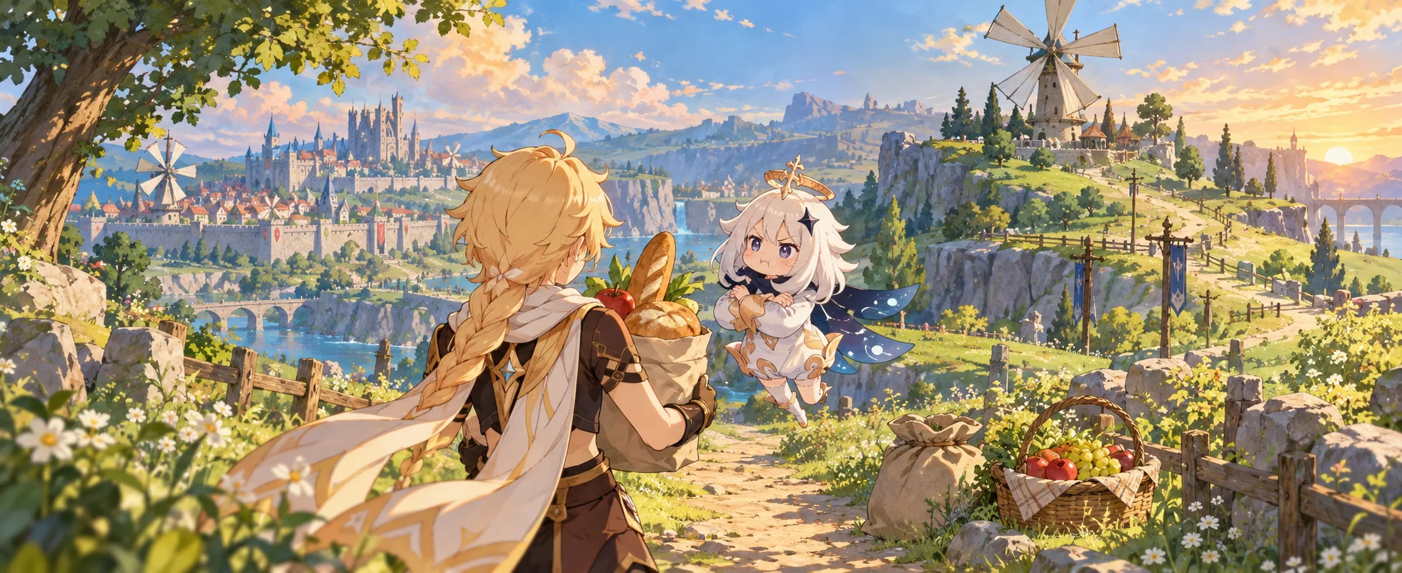 A blond traveller carries a sack of food along a hillside path as a tiny floating companion protests.