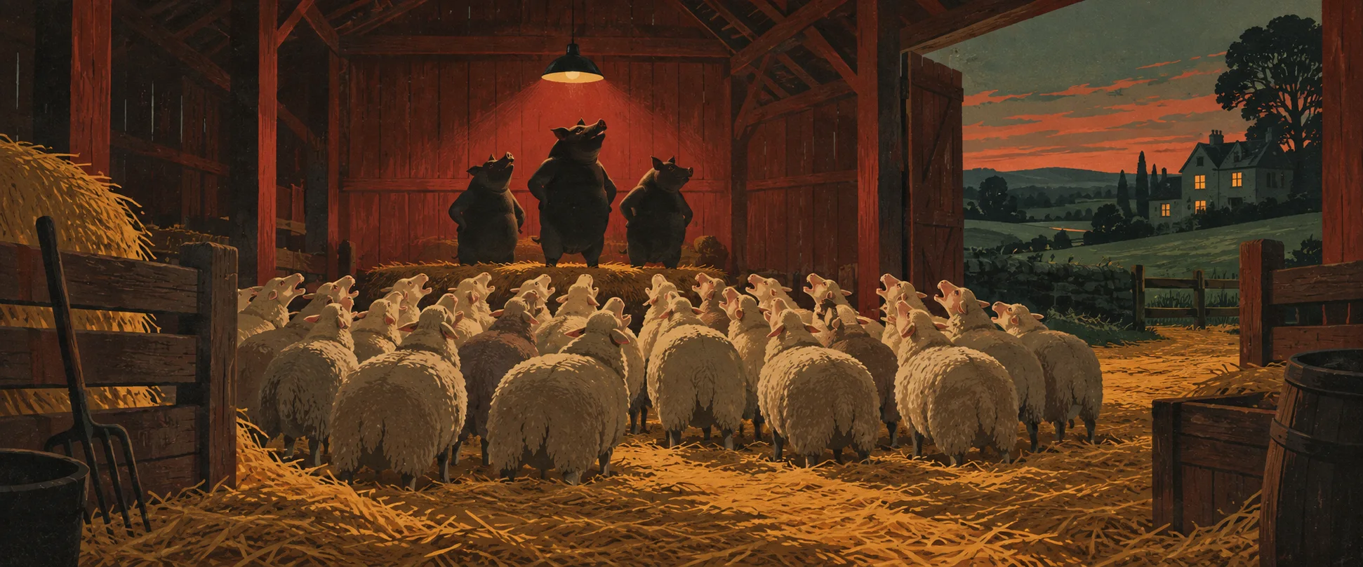A flock of sheep bleats in a red-lit barn at dusk as three pigs stand above them.
