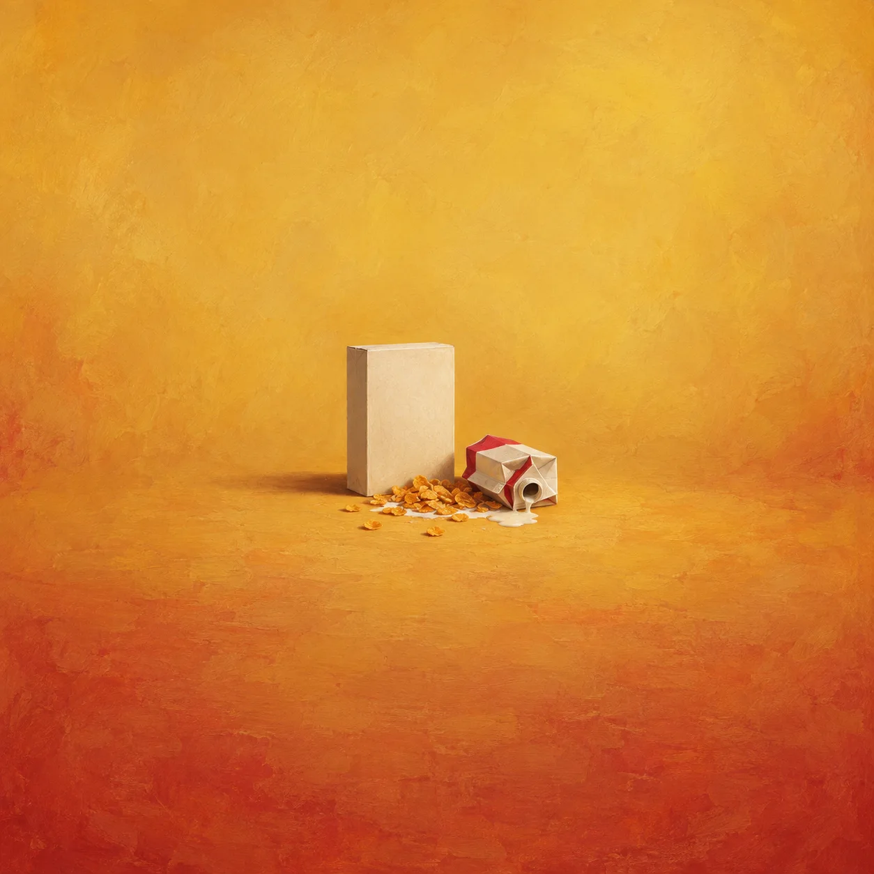 A plain cereal box stands beside a tipped red-and-white carton, spilled white liquid and scattered cereal flakes.