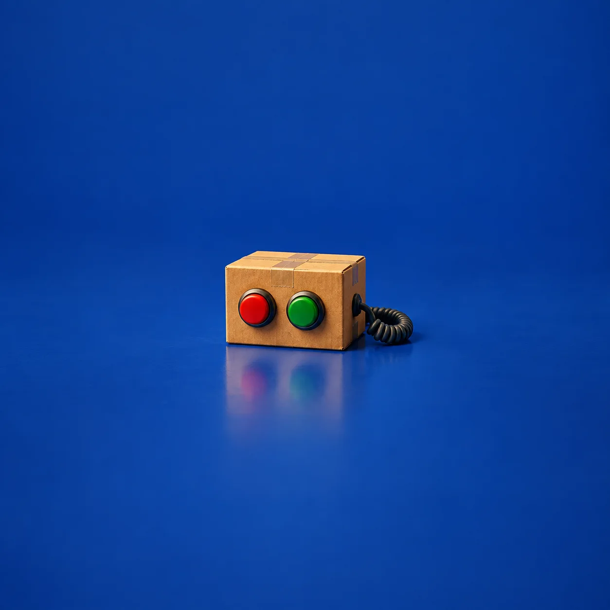 A plain cardboard box with one red and one green round button and a coiled cable on a blue surface.
