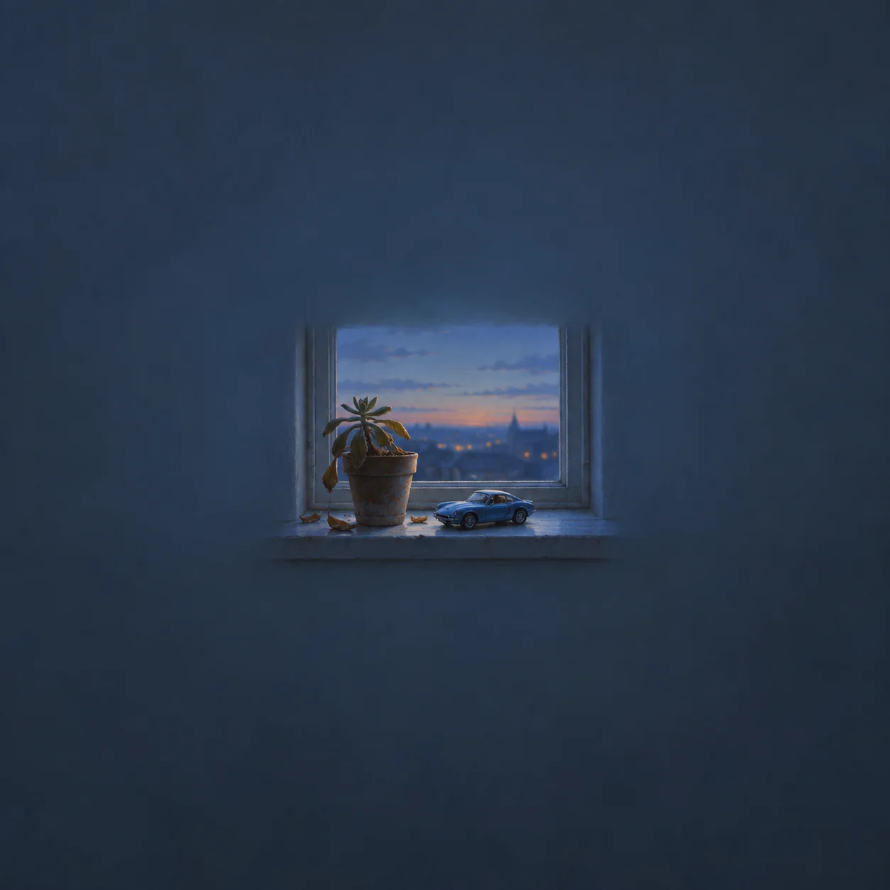 A blue toy sports car rests on a windowsill beside a drooping potted plant in evening light.