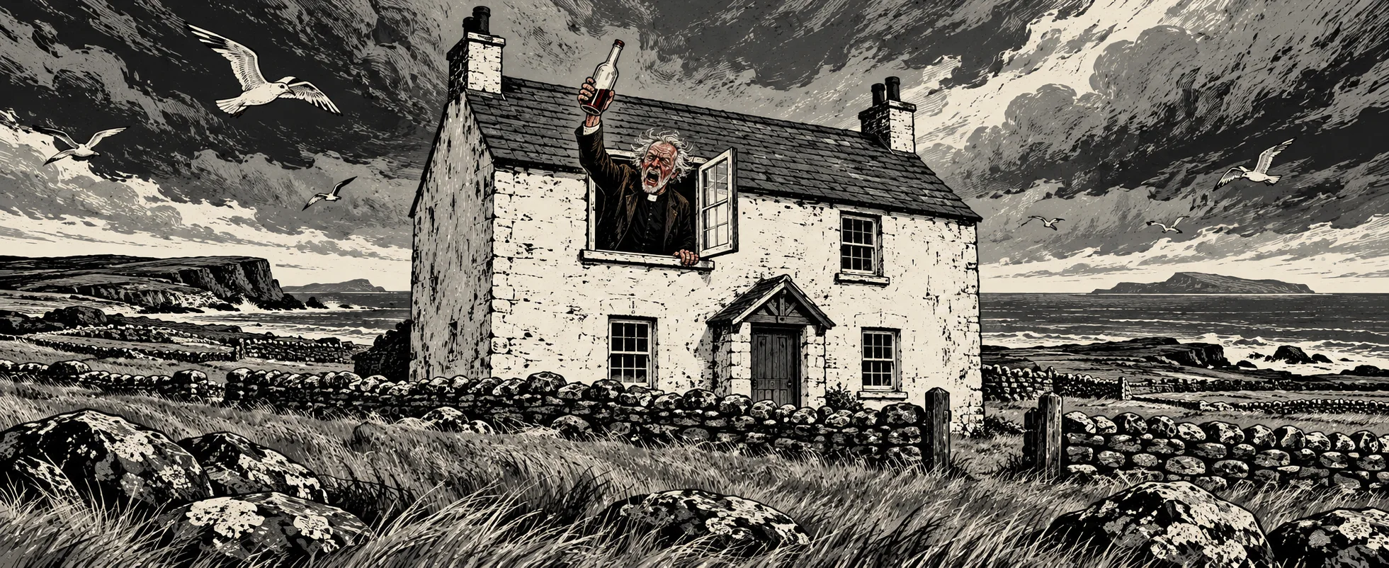 A woodcut of the lone white parochial house on Craggy Island under a stormy sky, Father Jack leaning out of an upstairs window roaring and waving a bottle as gulls wheel overhead.