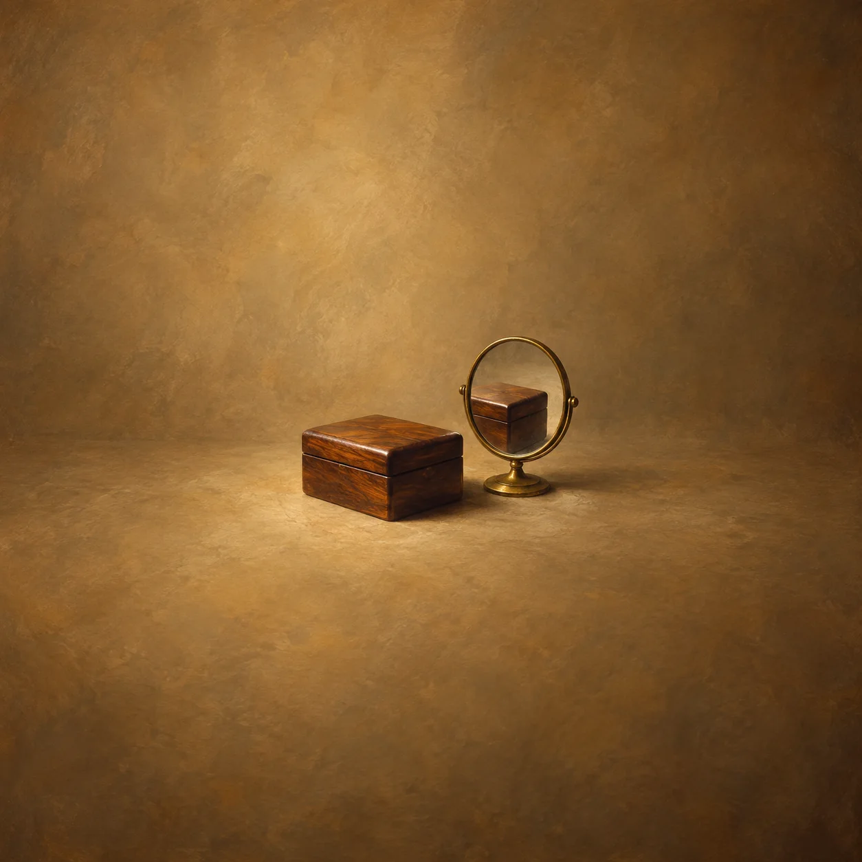 A closed wooden box stands beside an oval mirror reflecting the box against a warm ochre background.