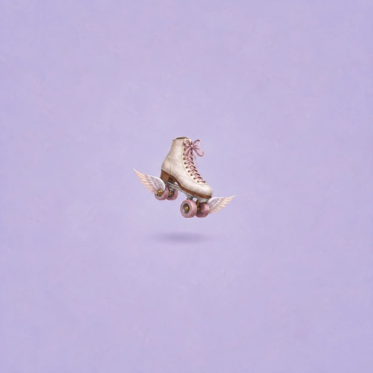 A white roller-skate boot with pink wheels and small wings floats against pale lavender.