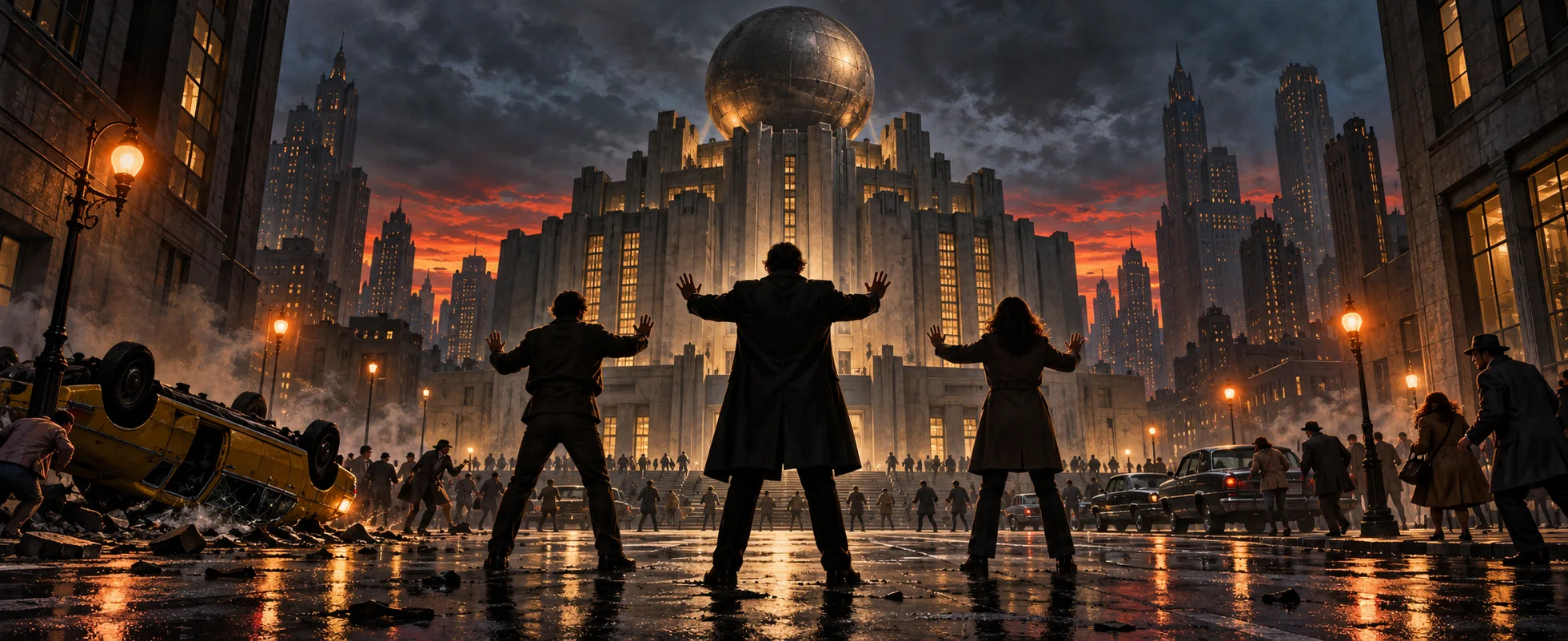 Three figures in black stand with arms raised in a wrecked city street before a domed newspaper tower as crowds flee.