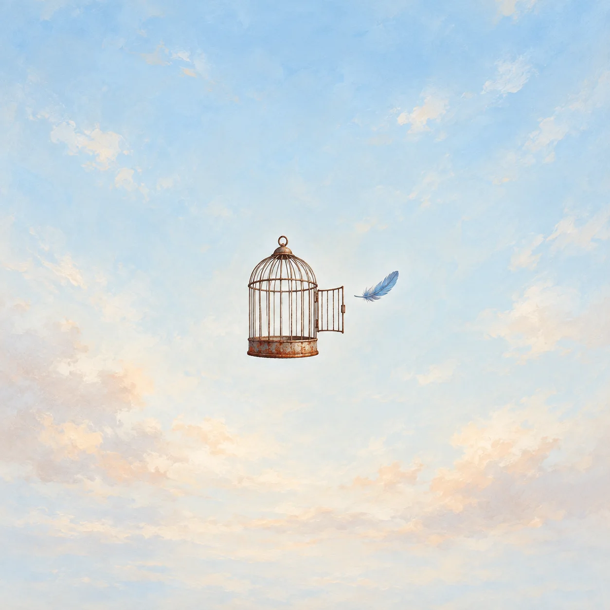 An empty wire birdcage with its door open hangs beside a blue feather against a softly clouded sky.