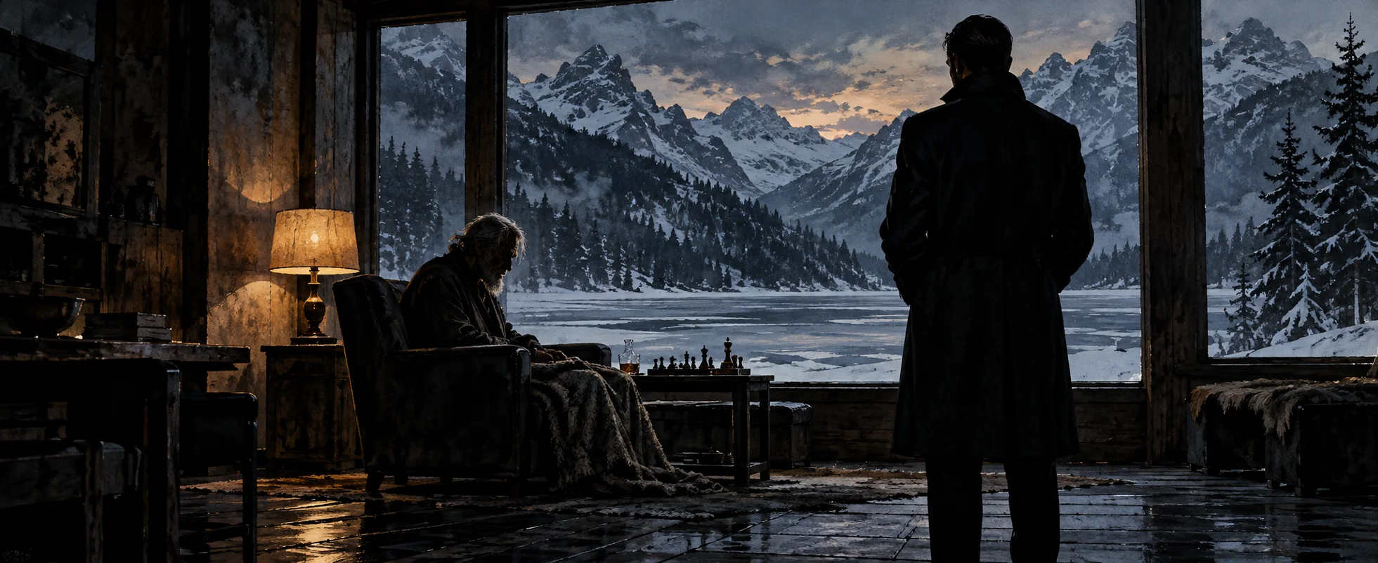 In a dim lake house in the snowy Austrian Alps, a gaunt bearded man slumps in an armchair by a window onto a frozen lake as Bond stands listening.