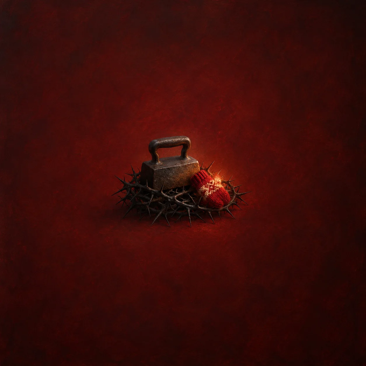 An old iron weight on black thorns beside a small red knitted mitten against a dark red background.