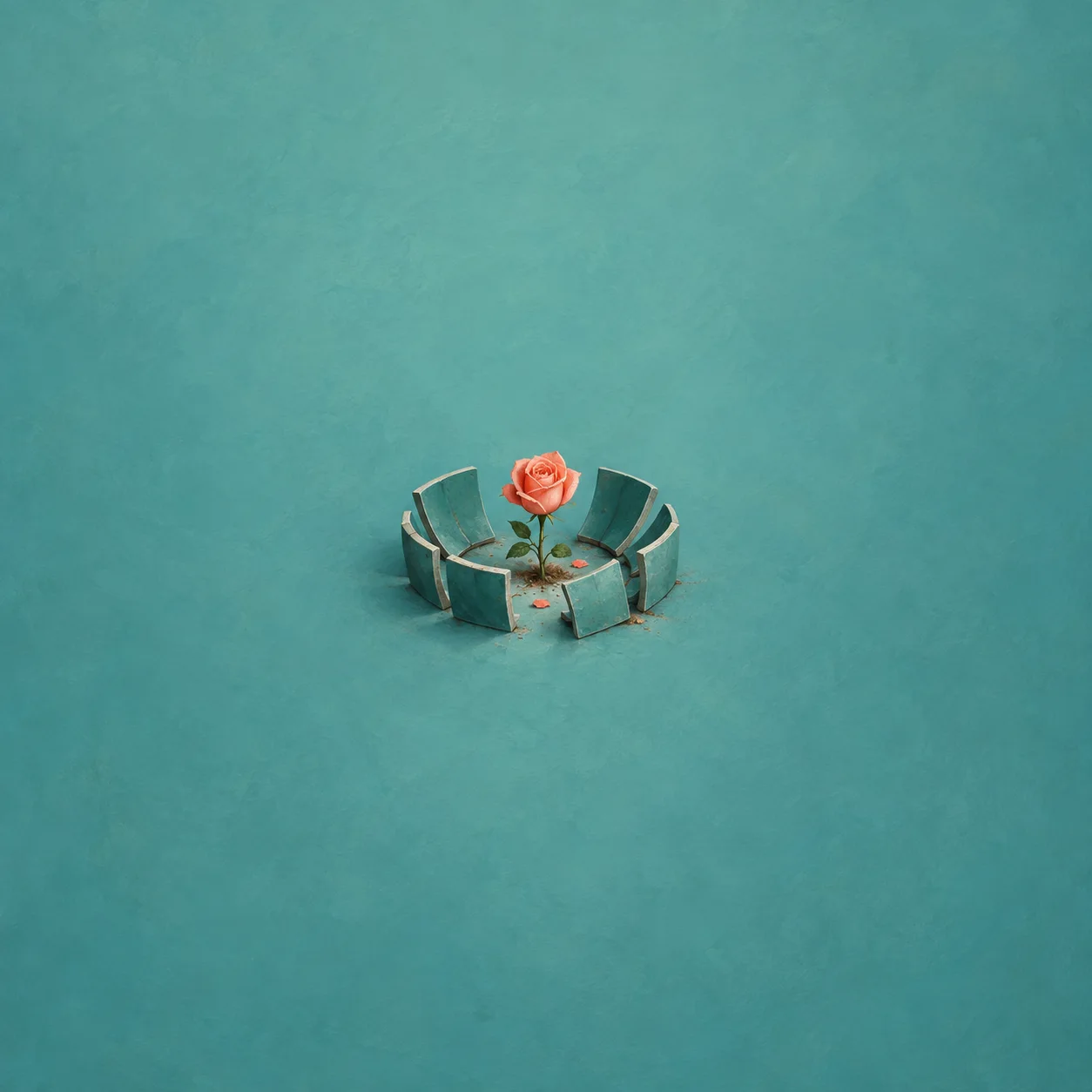 Small coral rose growing from the centre of a ring of curved plain teal tiles