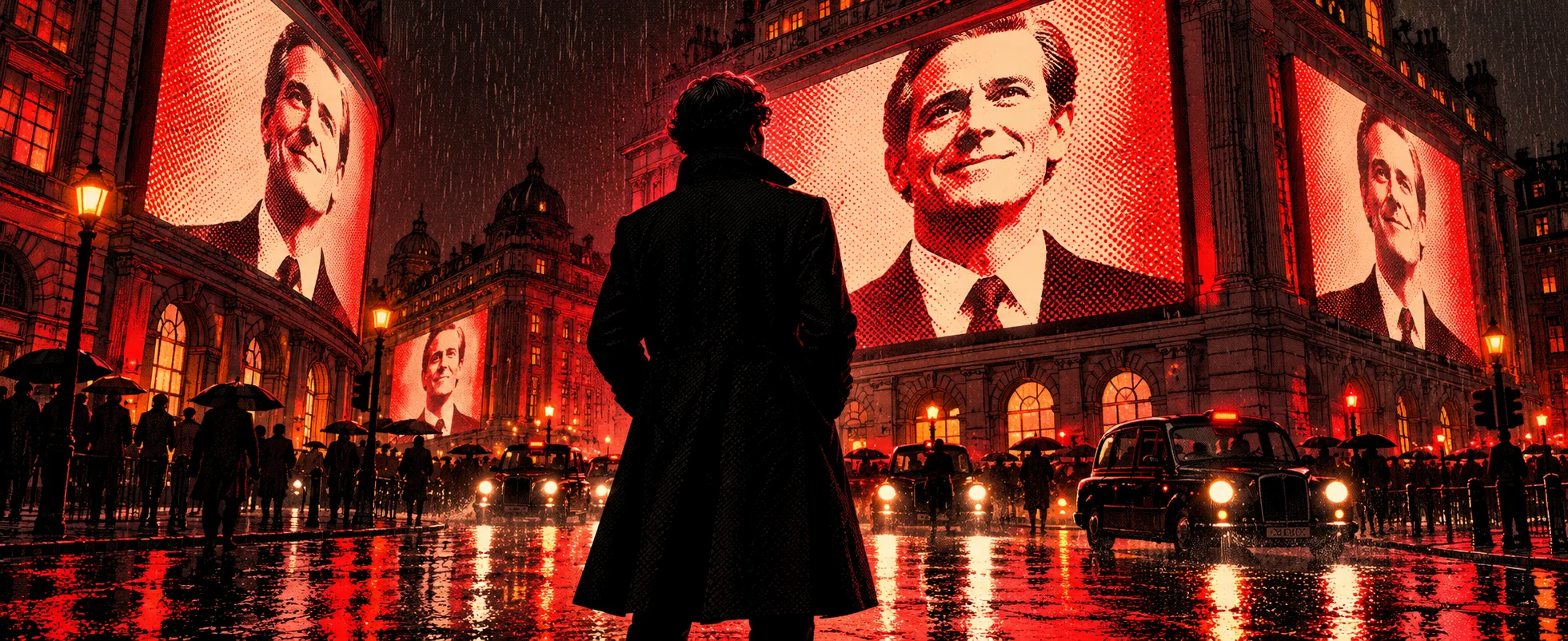 A man in a long coat stands in a rain-slick London street at night, looking up at giant red screens all showing the same grinning face.