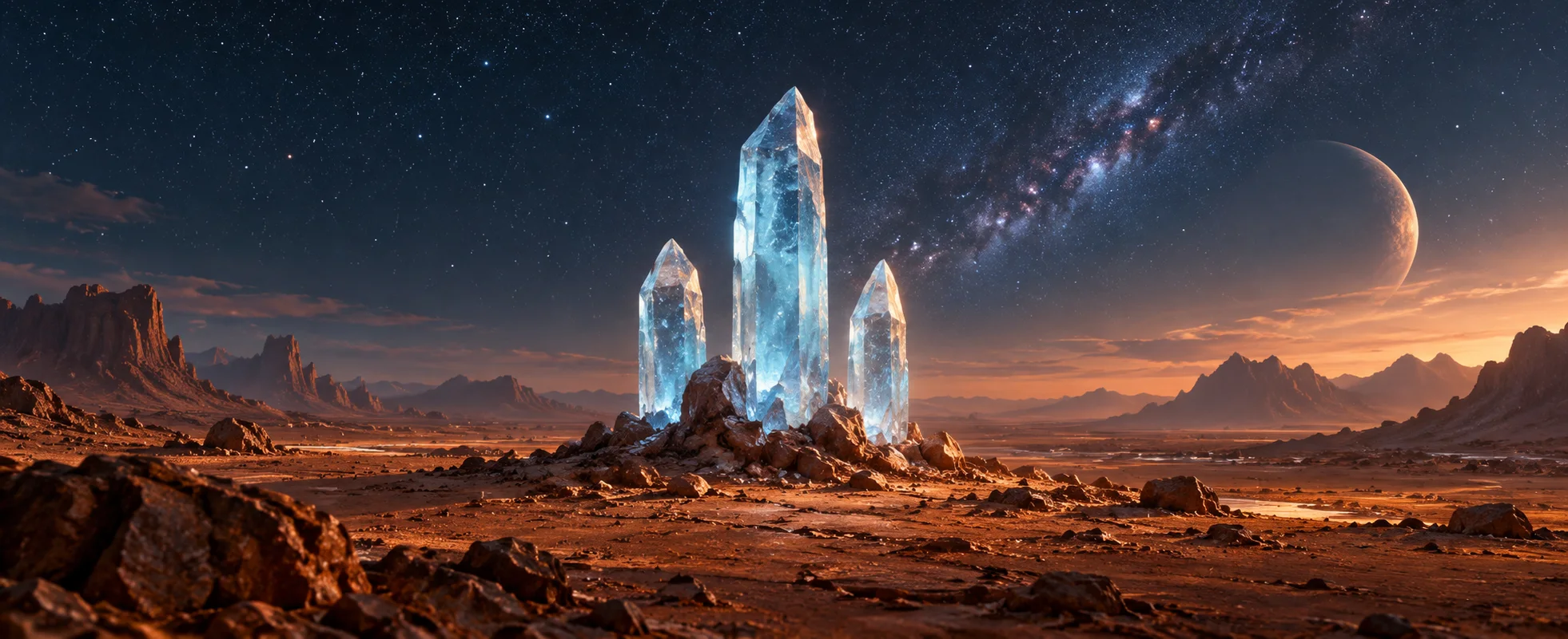 Three pale-blue crystal spires stand on a dusty copper-coloured plain under a distant starlit sky.