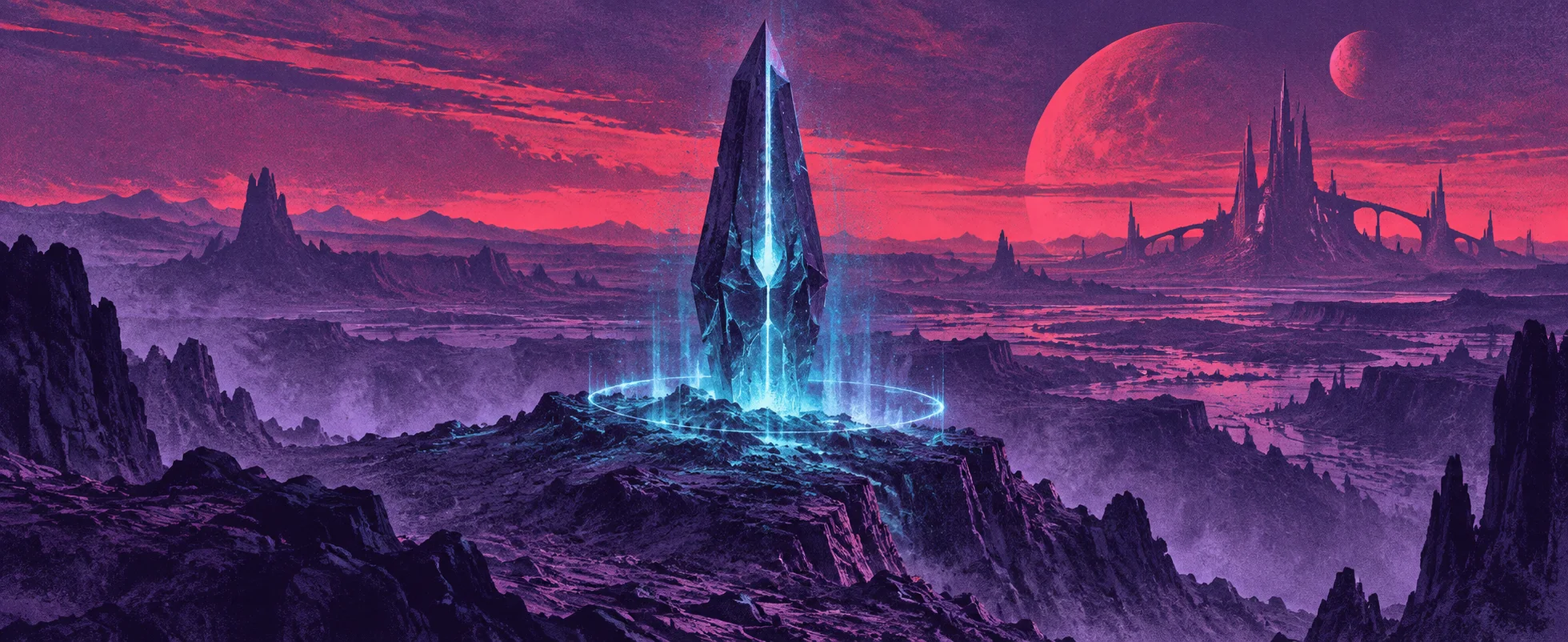 A tall glowing crystal pylon rises from a violet alien plain at dusk, blue energy swirling around its base.