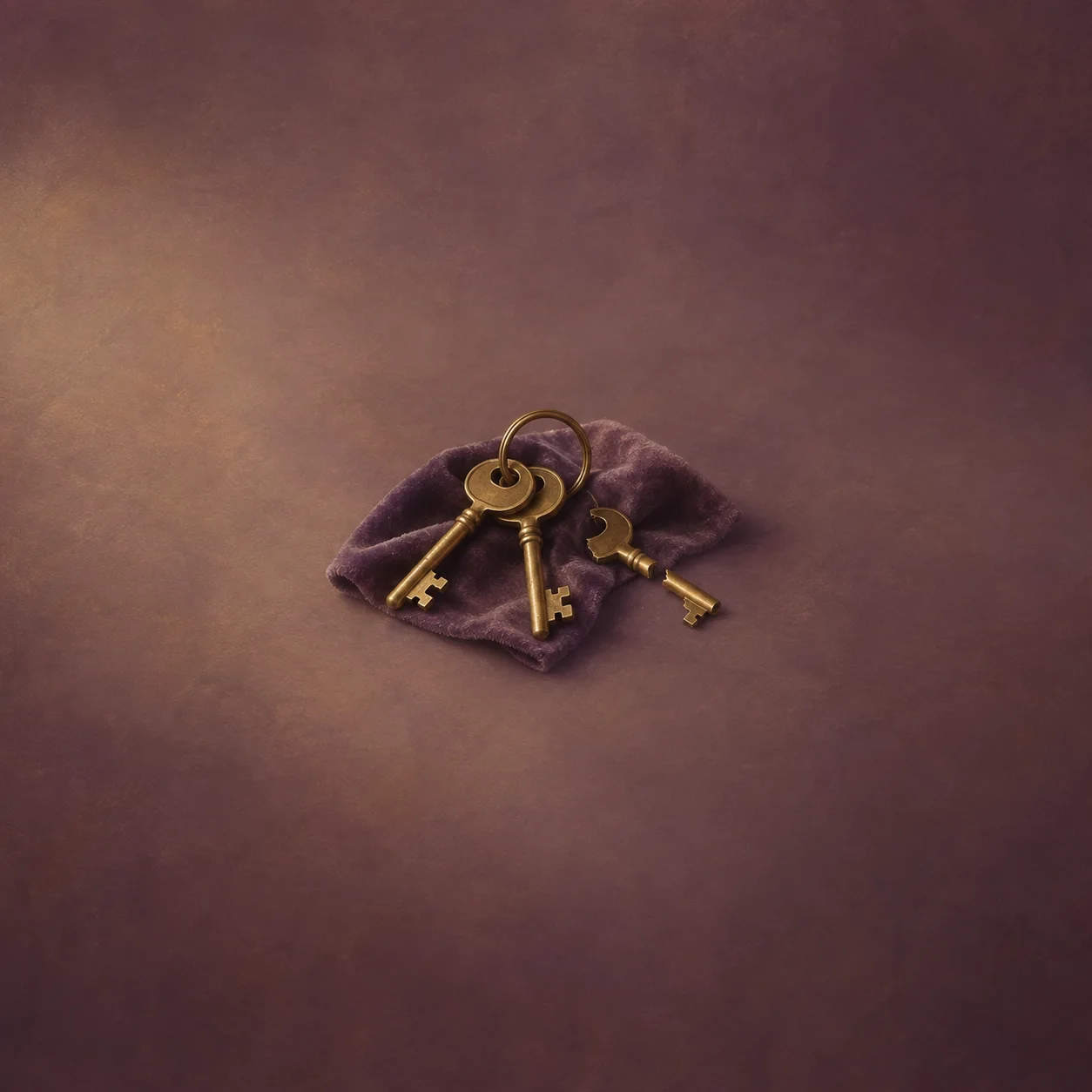 Brass keys and a broken key rest on folded purple velvet against brown.