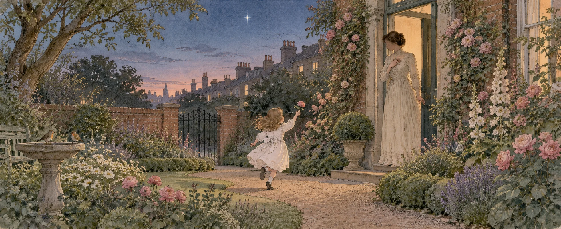 Edwardian picture-book scene: a small girl runs through a London garden holding a flower as her mother watches from the doorway.