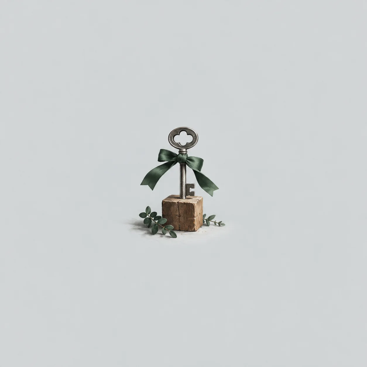 A steel key tied with a dark green bow stands in a wooden block beside small leaves on pale grey.