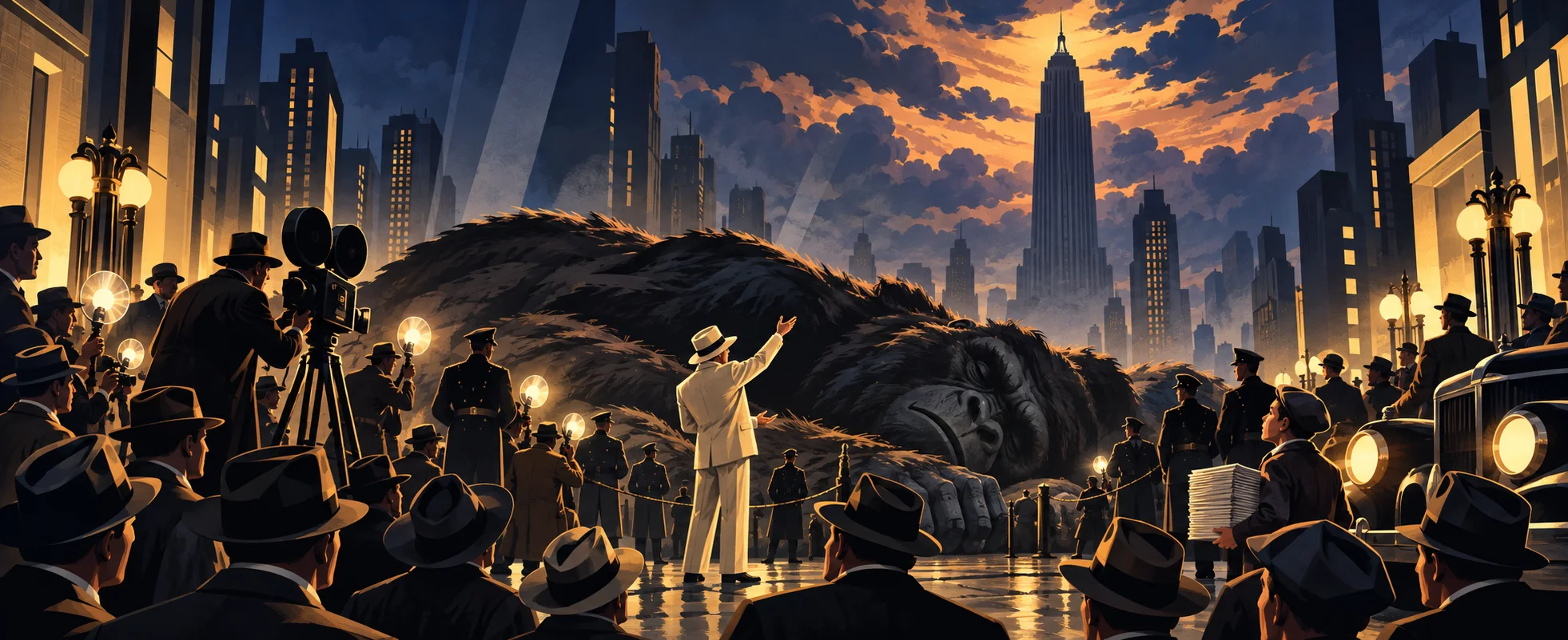 A crowd of 1930s men in hats and flashbulbs gathers around the fallen body of a giant ape in a New York street at dusk, a filmmaker in a white suit gesturing up at the tower.