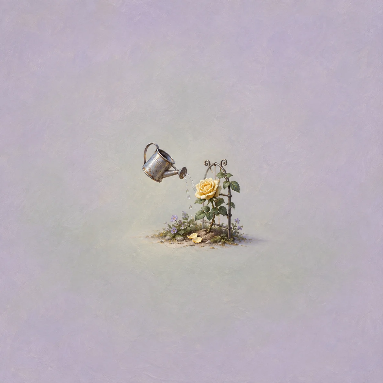 A small metal watering can floats above a yellow rose growing on a wire trellis amid tiny flowers.